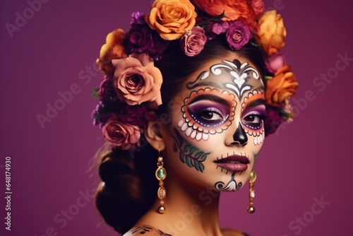 Portrait of brunette woman with festive death day makeup on purple background.