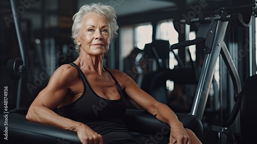 Portrait, an older woman with a slim, muscular body posing inside the gym.