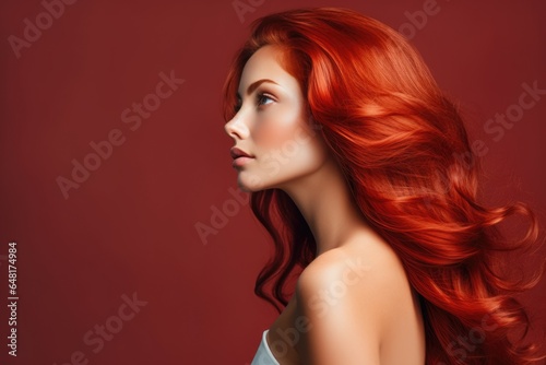 Portrait of a young red-haired girl with gorgeous long hair on a red background.