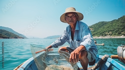 Older man from Southeast Asia, fishing with nets in the boat.