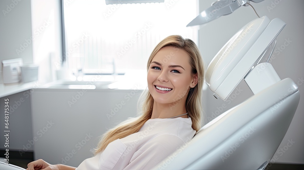 Beautiful young woman smiles with white teeth sitting in the dentist's chair. Beautiful young woman smiles with white teeth sitting in the dentist's chair.