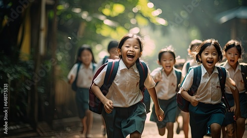 Asian childrem from a rural town running happy to school.