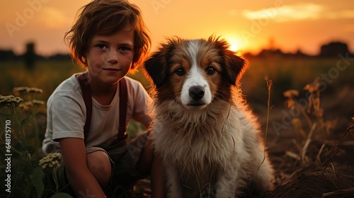 A boy sitting in the countryside with his dog friend © Mustafa