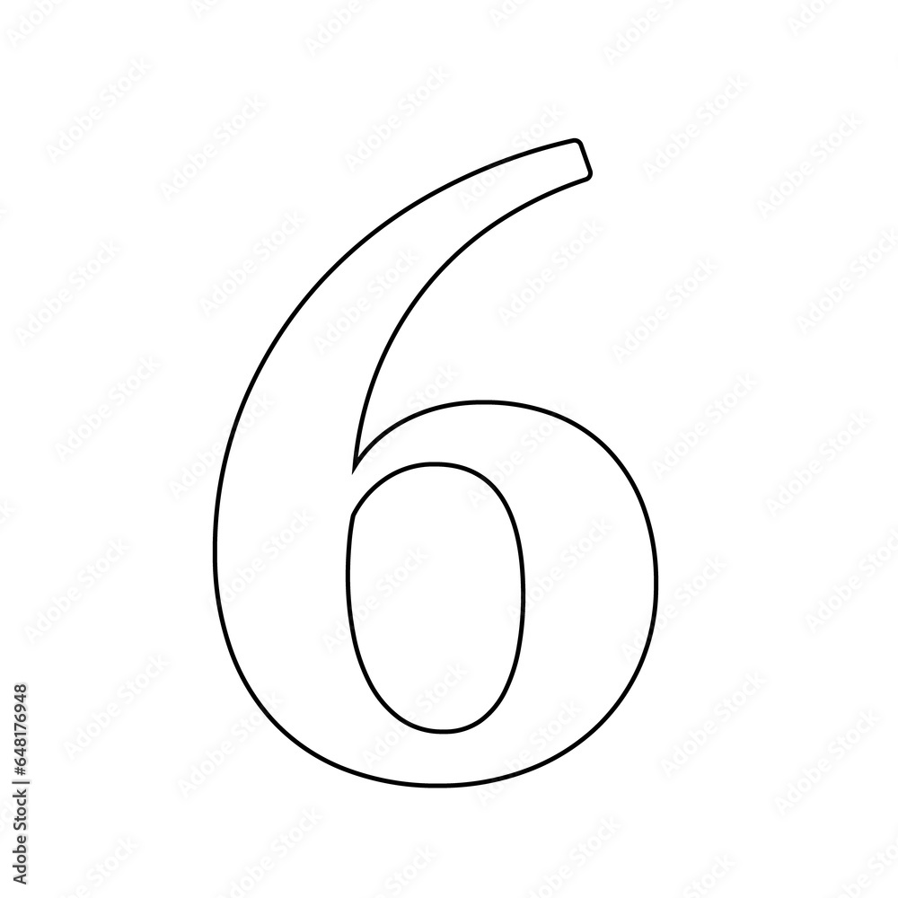 A large black outline number six symbol on the center. Illustration on transparent background A large black outline number six symbol on the center. Illustration on transparent background