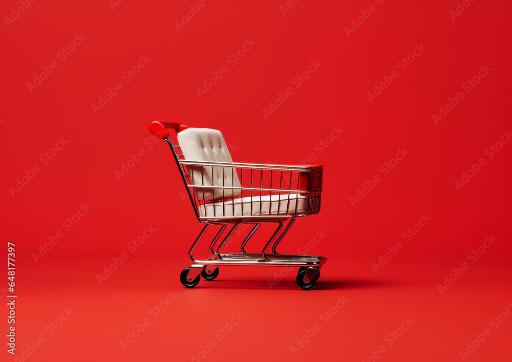 Empty shopping cart trolley in empty room with blank copy space. Grocery empty cart on red wall background. copy space text, Design creative concept for sale event Empty shopping cart trolley in empty room with blank copy space. Grocery empty cart on red wall background. copy space text, Design creative concept for sale event