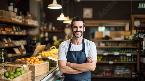 Portrait of happy male shopkeeper standing in a grocery store pose crossed his arms