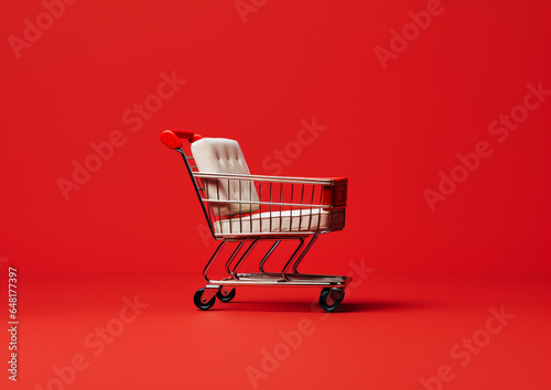 Empty shopping cart trolley in empty room with blank copy space. Grocery empty cart on red wall background. copy space text, Design creative concept for sale event