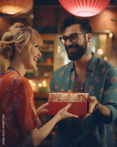 couple with gift couple in hipster clothing, passing a gift box to eachother in a japanese style bar, bright saturated colours and light. Genuine cheeky expressions, not cheesy. 4k photo
