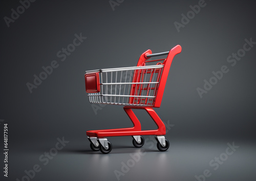 Empty shopping cart trolley in empty room with blank copy space. Grocery empty cart on dark wall background. copy space text, Design creative concept for sale event