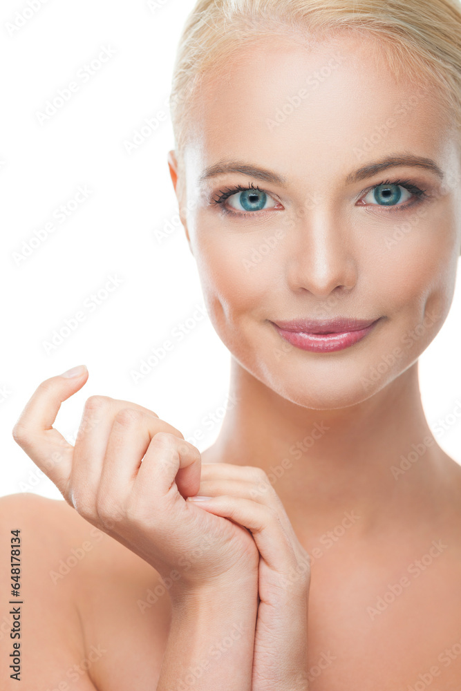 Blonde Caucasian woman with perfect skin and blonde hair with a white background Blonde Caucasian woman with perfect skin and blonde hair with a white background