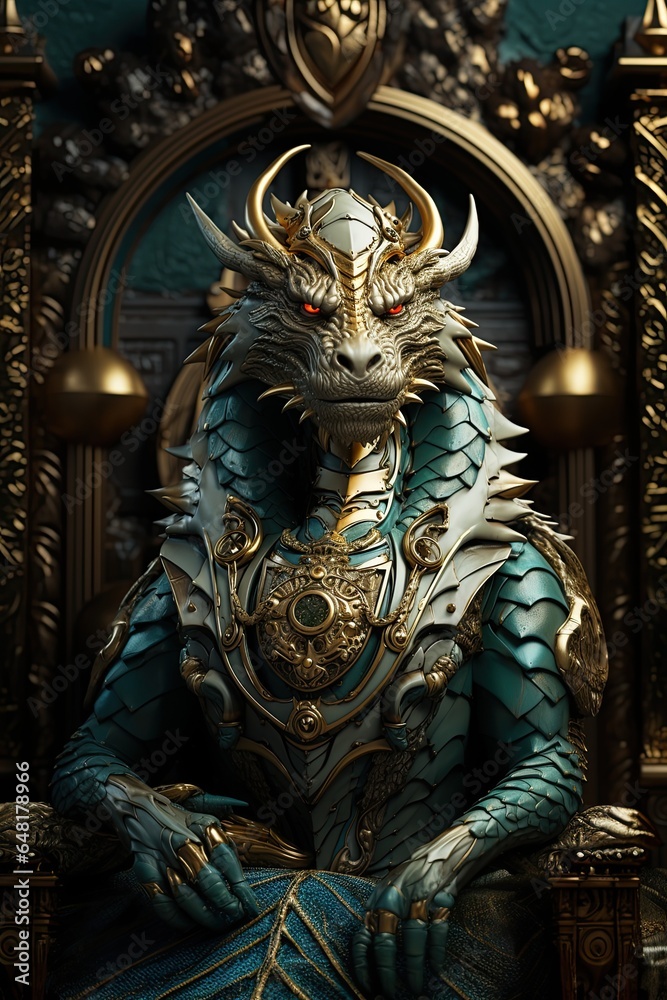 green dragon king on golden throne in the castle, Greeting card for the new year 2024. Generative AI illustration