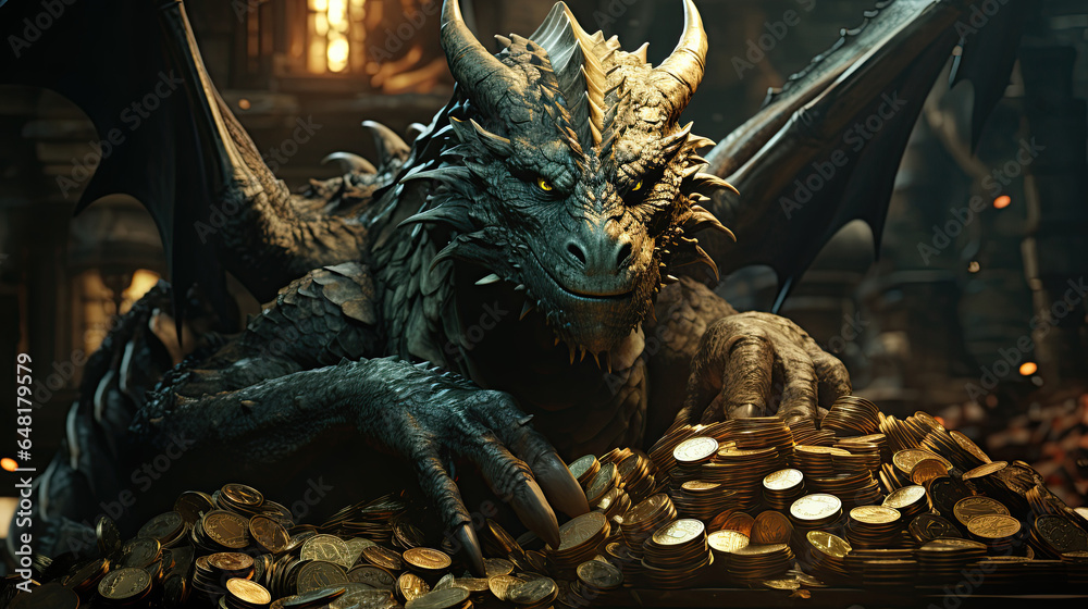evil green dragon guard on pile of gold coins and treasures in a cave ...