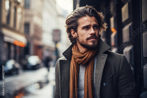 Fashion and lifestyles concept. Beautiful and happy young man close-up outdoors street portrait. Gorgeous model man with beard looking at camera. Urban blurred background. Generative AI © Rytis