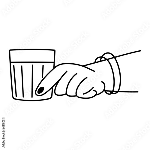 Female hand with a glass of alcoholic drink. Alcohol abuse addiction illustration. Mental health problems. Hand drawn line icon.