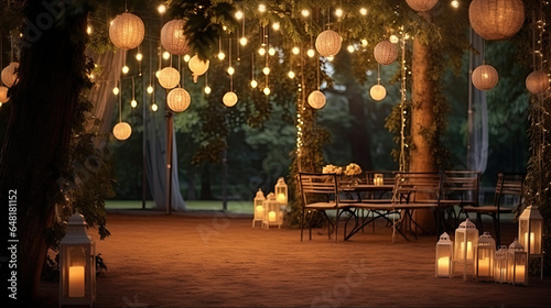 Elements of the wedding decor of the night ceremony. outdoor string lights. Wedding ceremony evening with candles and lamps © Nhan