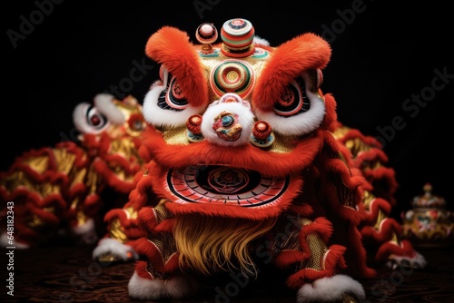 Backlit Chinese Lion Dance Troupe Showing Traditional Asian Cultural Celebration Performance in Group Dancing photo