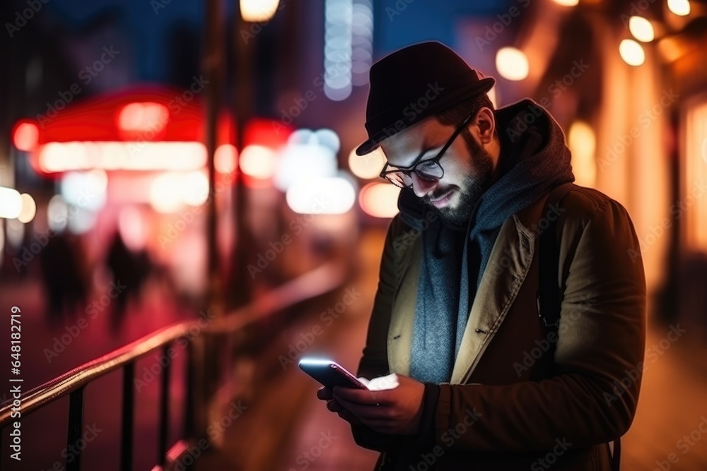 man with phone in city night lights
