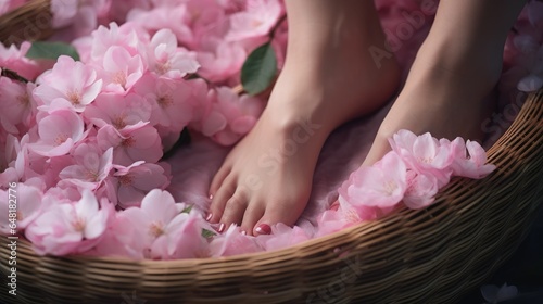 Close-up of a beautiful woman's legs with pink flowers in a basket