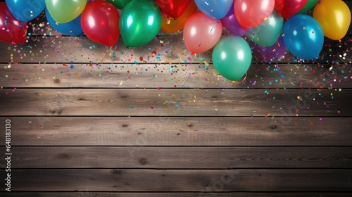 Colorful balloons adorned with ribbons, set against a rustic wooden wall background, offering a canvas for your message