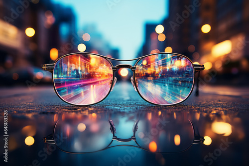 A pair of glasses. On the street. Bringing the world into focus. Seeing clearly. Advertising. Marketing concept. Clarity.