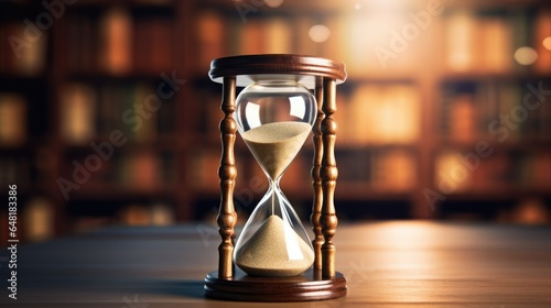 Hourglass on wooden table in library. Time passing concept.