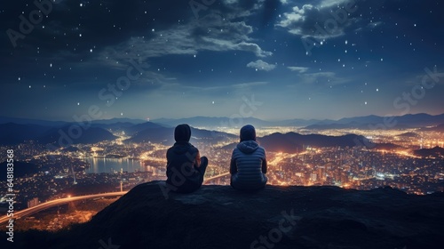Photographie loving couple gazes at the nighttime cityscape from the hilltop