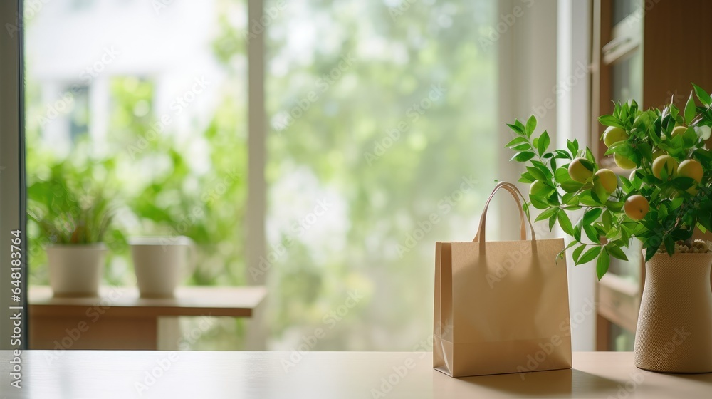 Fototapeta premium wooden tabletop serves as the stage for a shopping bag and a variety of fresh
