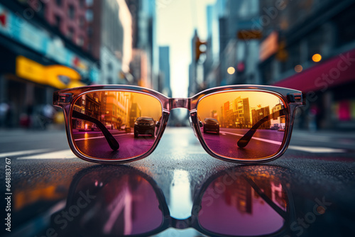 A pair of glasses. On the street. Bringing the world into focus. Seeing clearly. Advertising. Marketing concept. Clarity.