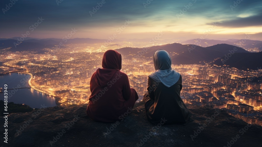 On the mountaintop, two Muslim women sit and take in the night view of the city.