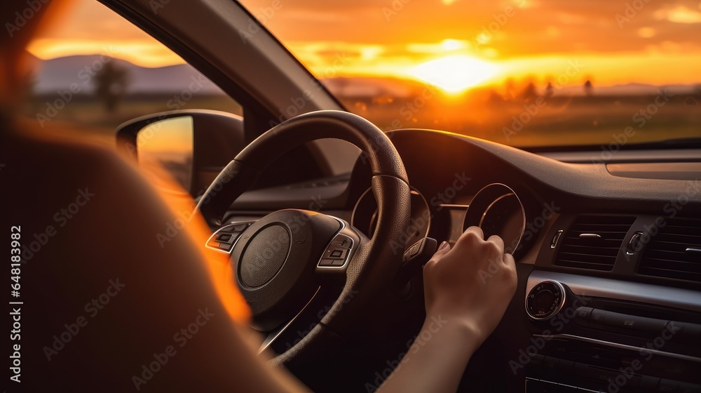 Woman driving a car at sunset. View from the driver's seat.