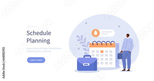 
Time management. Character organizing schedule and planning business appointments on calendar. Organization concept. Vector illustration.