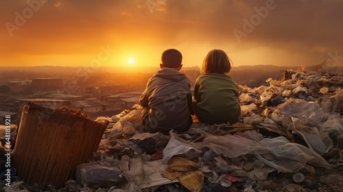 Two young kids perched on the trash pile, observing the sunset.