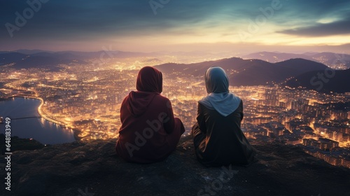 On the mountaintop, two Muslim women sit and take in the night view of the city.