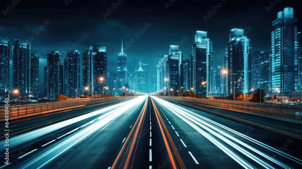 A road is illuminated by the vibrant lights of the modern city skyline during the night