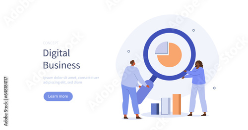 
Analytics team. Characters working together on project and analyzing report, graphs, charts and other corporate data. Digital business concept. Vector illustration.