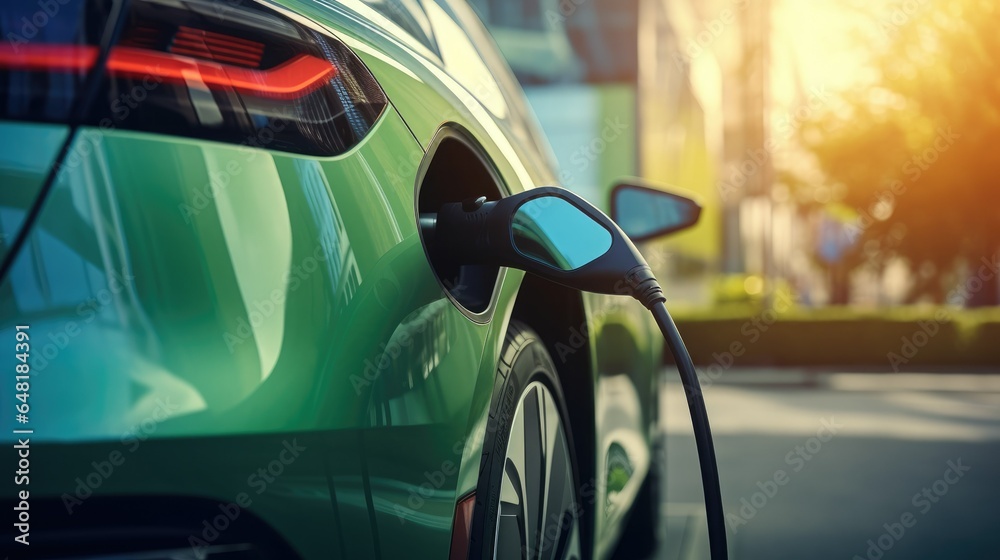 At the charging station, an electric vehicle is getting re-energized At the charging station, an electric vehicle is getting re-energized
