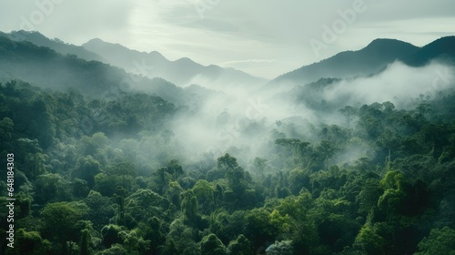 aerial perspective unveils a tropical rainforest hidden by morning mist