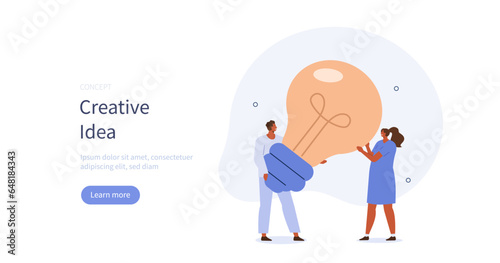Business activities. Characters holding lightbulb as a metaphor of teamwork, communication and creative ideas. Vector illustration.
