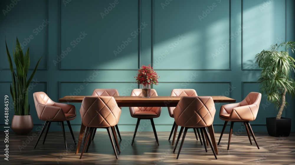 Baige leather chairs at round meeting table against bright tone wall. Scandinavian, Modern office interior design of meeting room. - obrazy, fototapety, plakaty 
