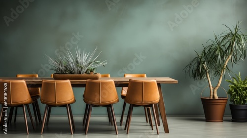 Baige leather chairs at round meeting table against bright tone wall. Scandinavian, Modern office interior design of meeting room.