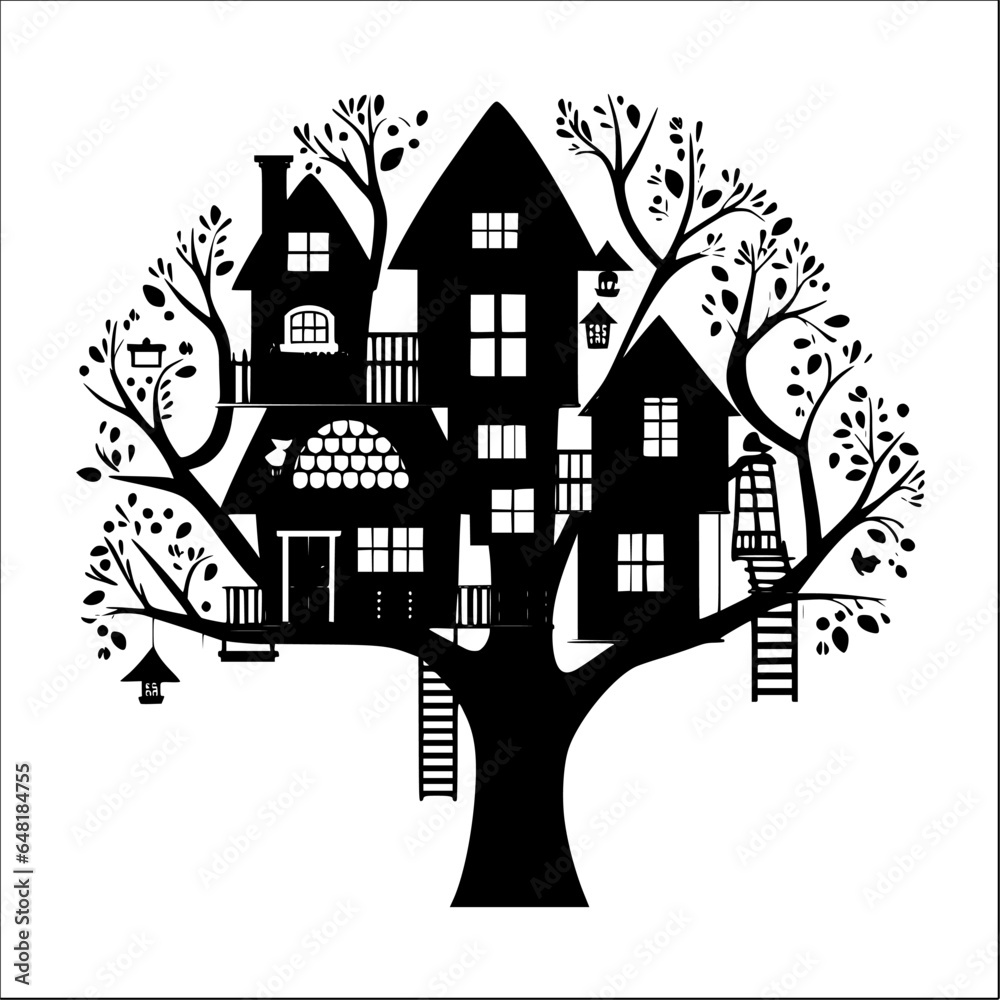 silhouette of tree house with stairs vector illustration isolated on white 