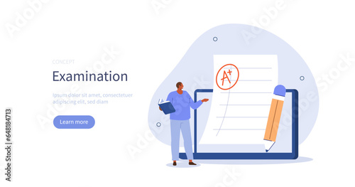 Student learning. Character successfully pass an exam and achieve good results.  Education and knowledge concept. Vector illustration.
