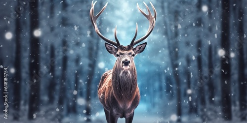 Noble deer male in the winter snow forest. Artistic winter Christmas landscape. © MstAsma