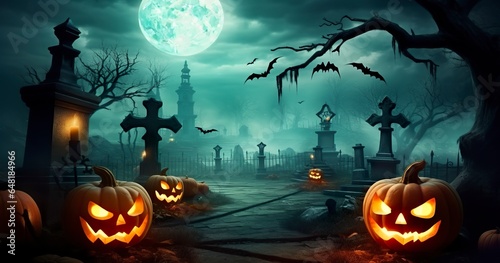 Pumpkins In Graveyard In The Spooky Night, Halloween Backdrop.
