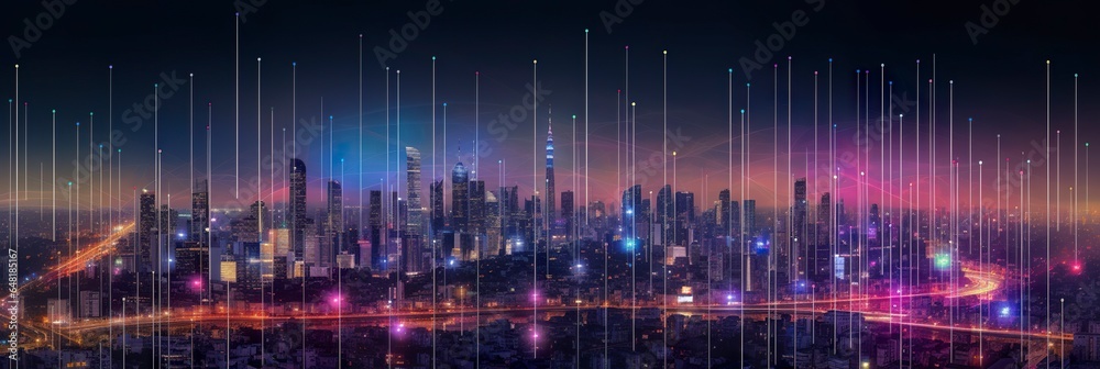 Fototapeta premium Smart city and abstract dot points connect with gradient lines and aesthetic Intricate wave line design, big data connection technology concept.