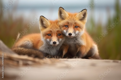 Wild baby red foxes cuddling at the beach. © MstAsma
