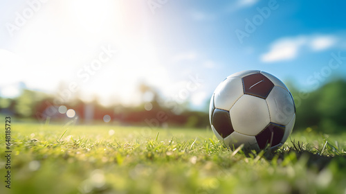 A vibrant image capturing a soccer ball resting peacefully on a sun-kissed grassy field under the clear  blue sky