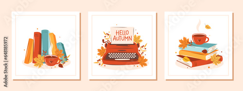 Books with autumn bright leaves. Set of layout design for bookshop, library, bookstore, festival or education. Vector illustration
