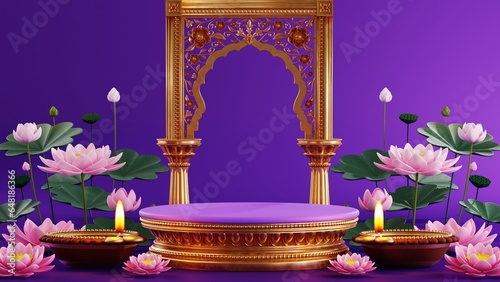 3D rendering  podium for diwali festival Diwali, Deepavali or Dipavali the festival of lights india with gold diya on podium, product, promotion sale, presentation pedestal 3d rendering on background