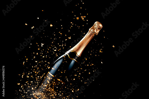 bottle of champagne with confetti on black background. Celebration and new year concept © chandlervid85